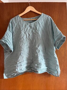 J Jill Linen Top Womens M Sea Green Short Sleeve Boxy Lagenlook Lagom Minimalist